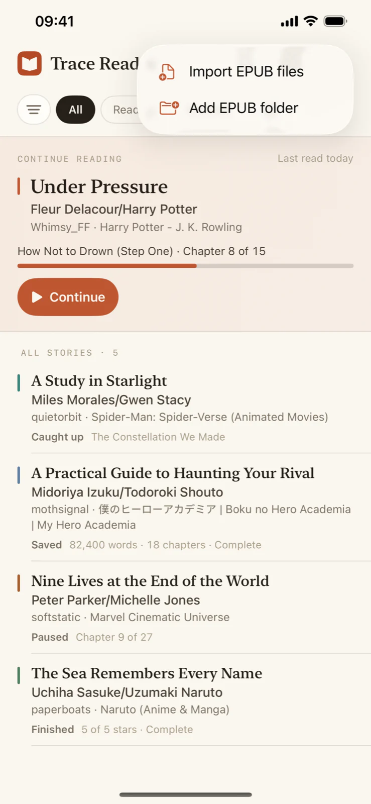 The current Trace Reader library with options to import EPUB files or add an EPUB folder.