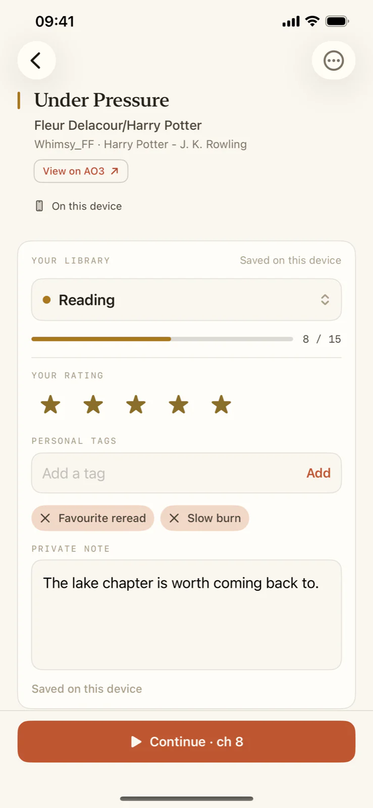 The current Trace Reader story screen showing chapter progress, rating, personal tags and a private note.