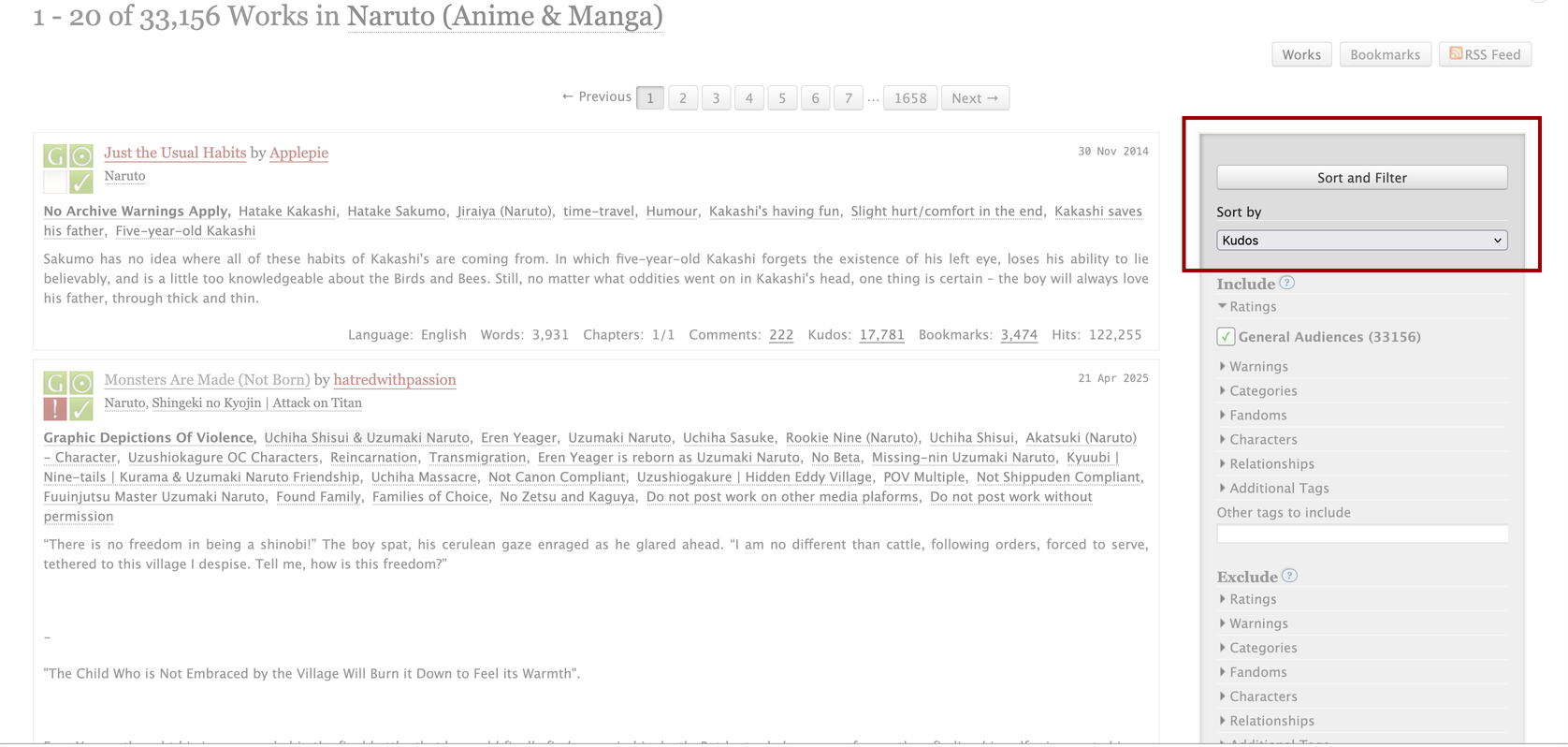 A real AO3 results page with the filter control highlighted: Sort and Filter beside the stories on a computer, or the Filters button beneath the results heading on a phone.