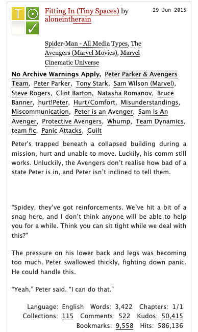 An AO3 work result showing its title and creator, warnings and tags, summary, word count and chapters.