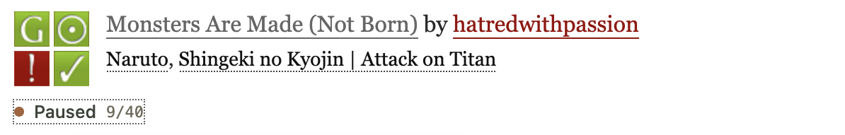 An AO3 result with the Trace status Paused at chapter 9 of 40 beneath the work heading.