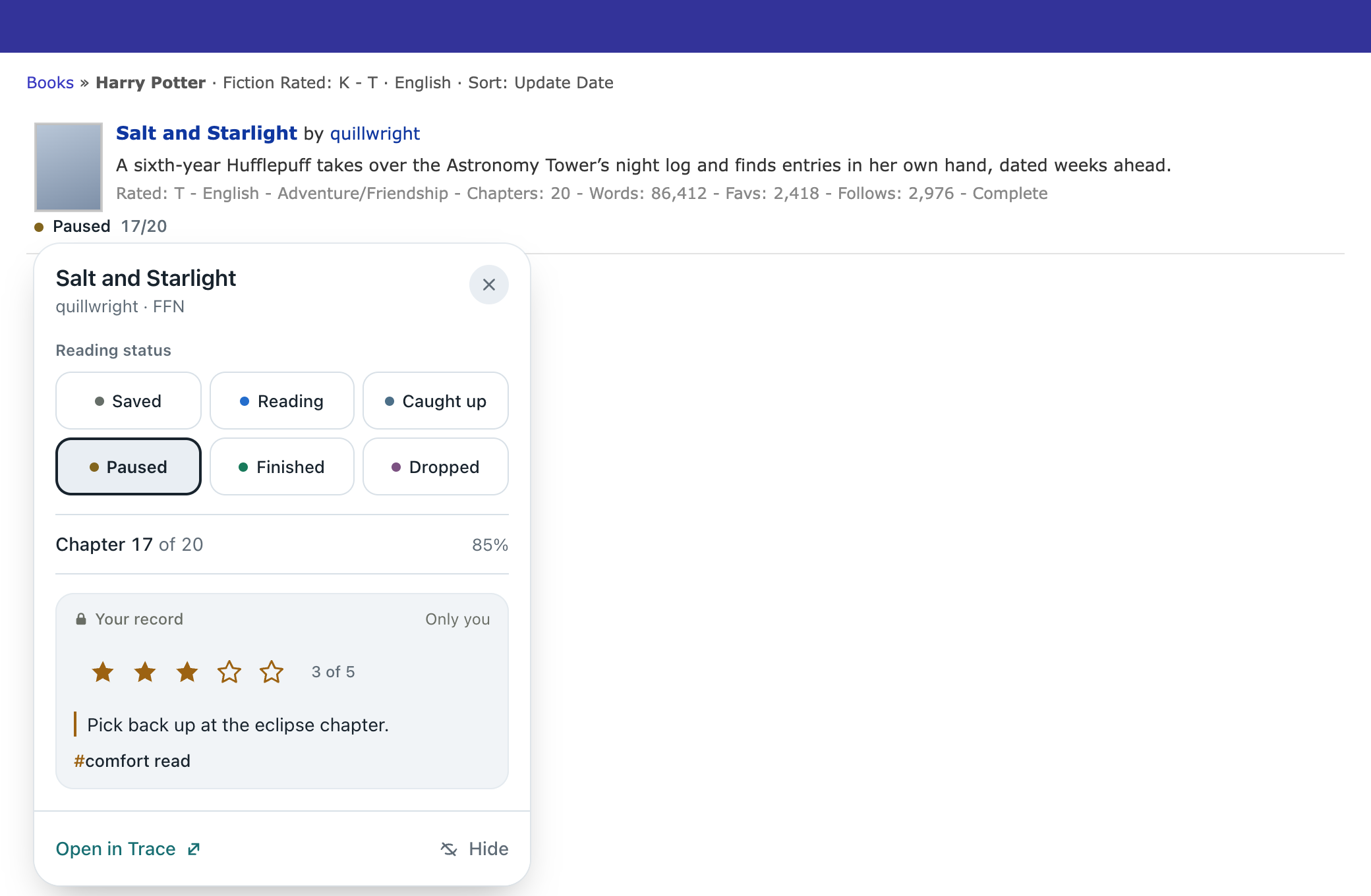 A FanFiction.net listing with Trace open, showing a Paused story at chapter 17 of 20, a three-star rating, a private note and a personal tag.