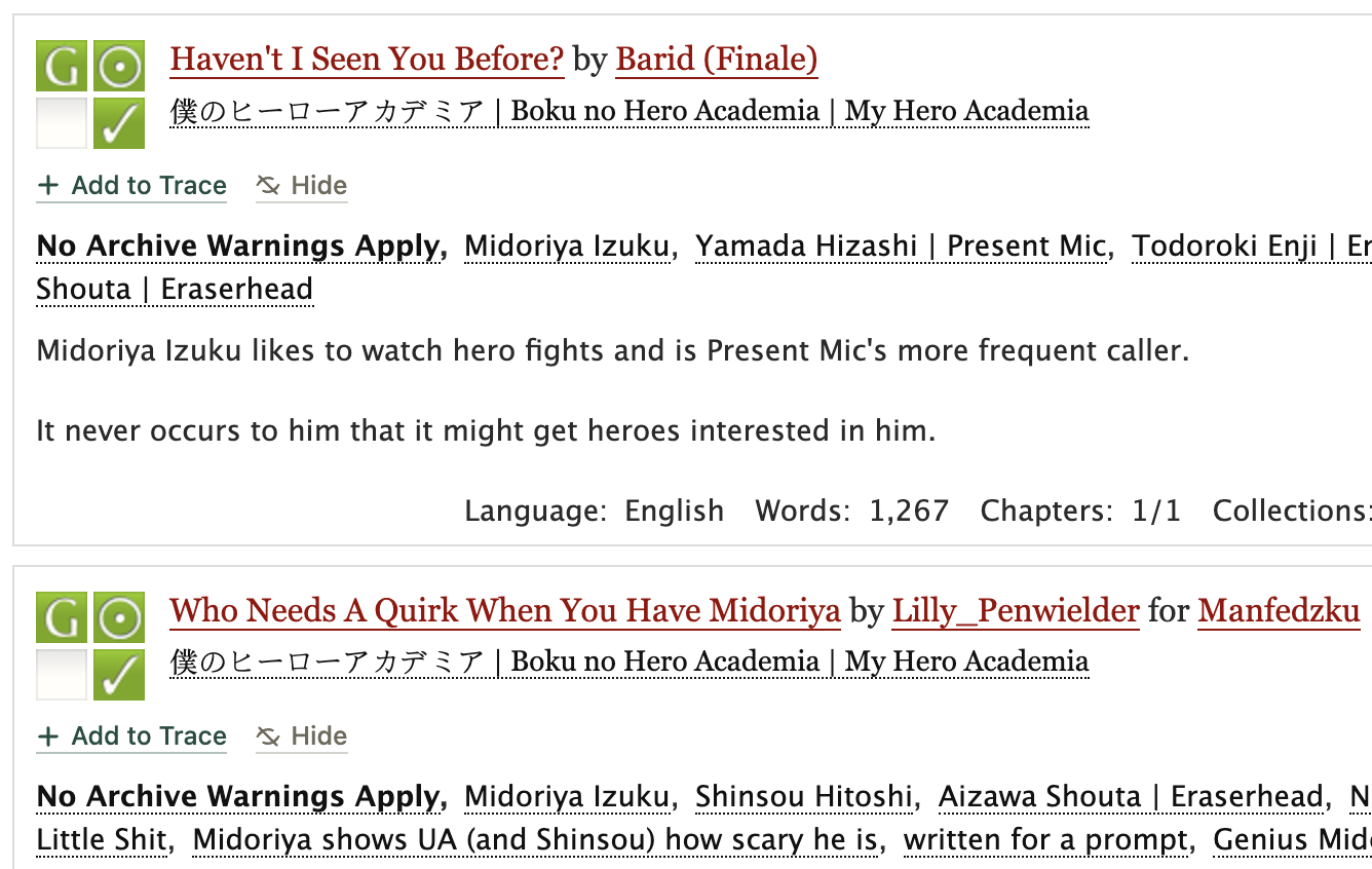 A current AO3 results page with Add to Trace and Hide links beneath each work heading.