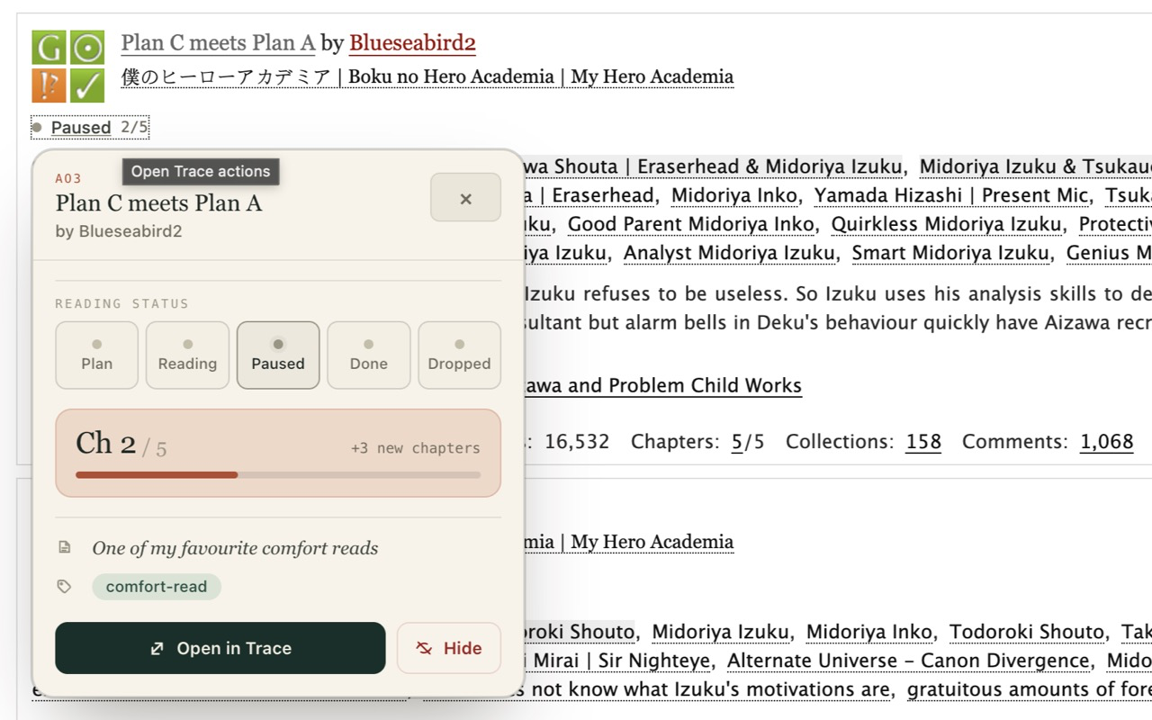 Current Trace controls on a real AO3 result showing a story paused at chapter 2 of 5 with three new chapters, a private note, a personal tag, and Open in Trace and Hide actions.